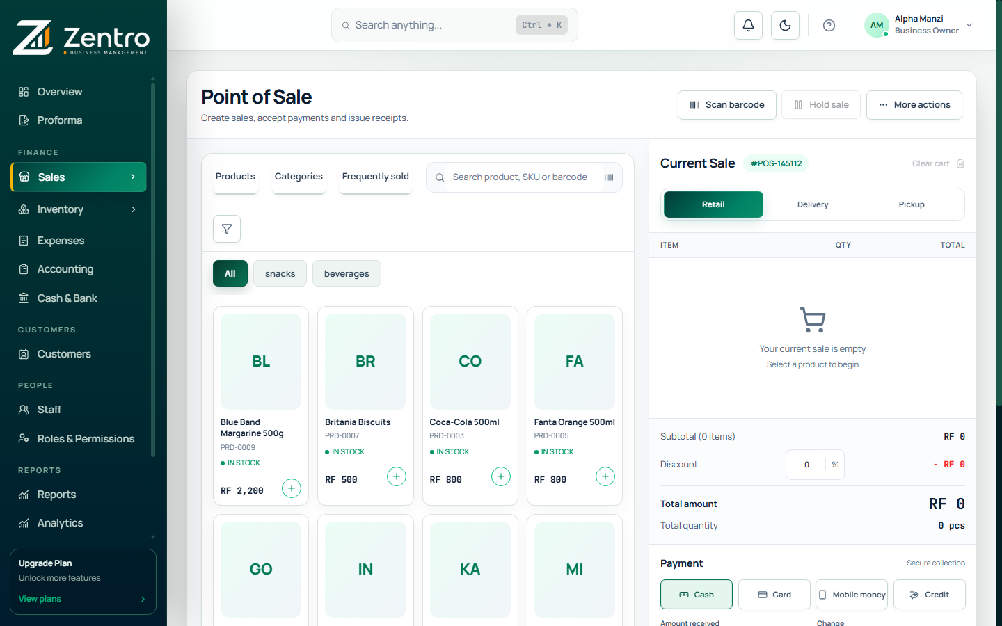 Real screenshot of the Zentro Point of Sale screen